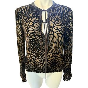 Manyus Silk Burnout Velvet Sheer Blouse Tie Neck Tulip Sleeves Sz S